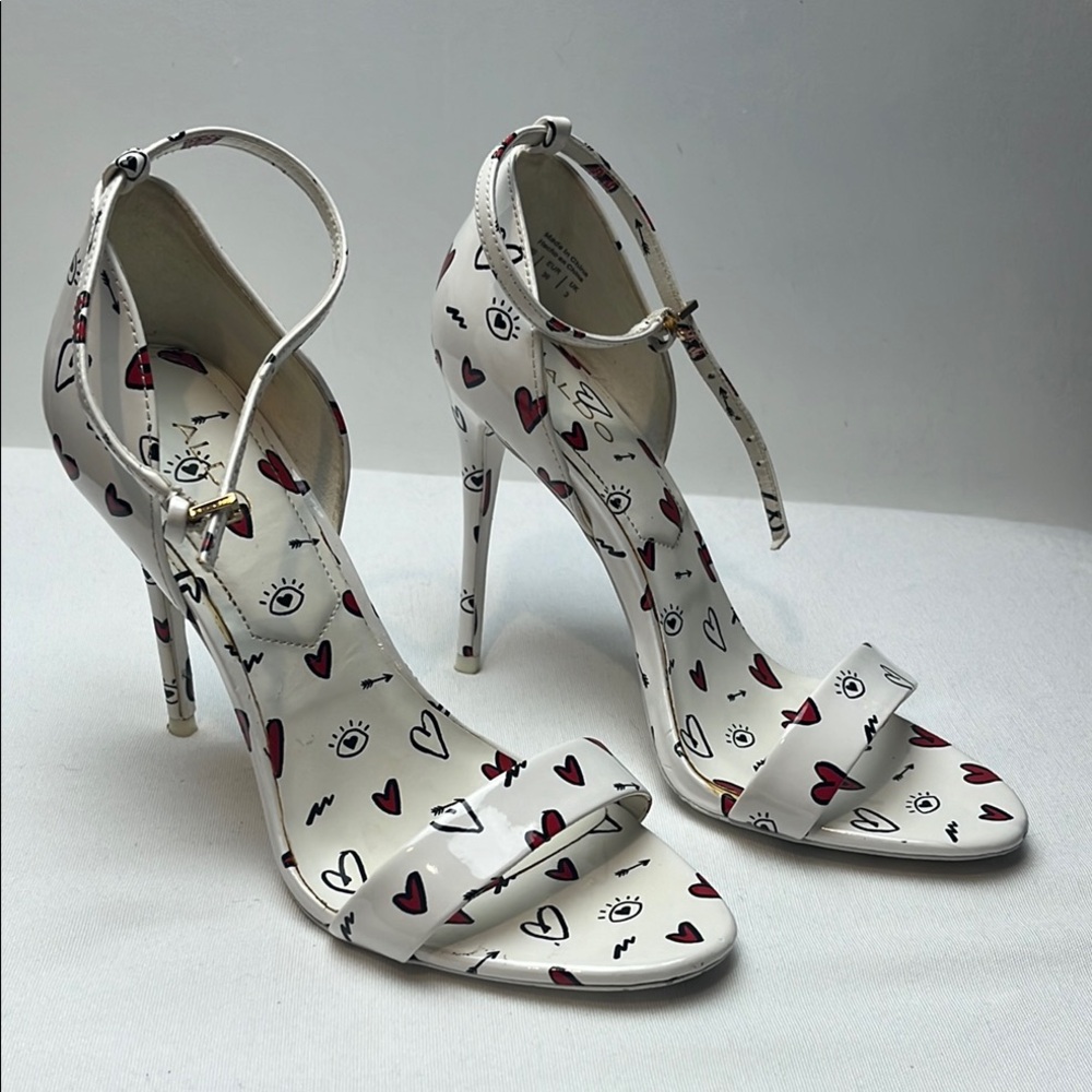White and Red Hearts Stiletto Heels with Ankle Strap
